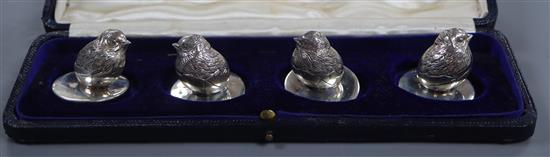A cased set of four Edwardian novelty silver menu holders by Sampson Mordan & Co, modelled as hatching chicks, 25mm.